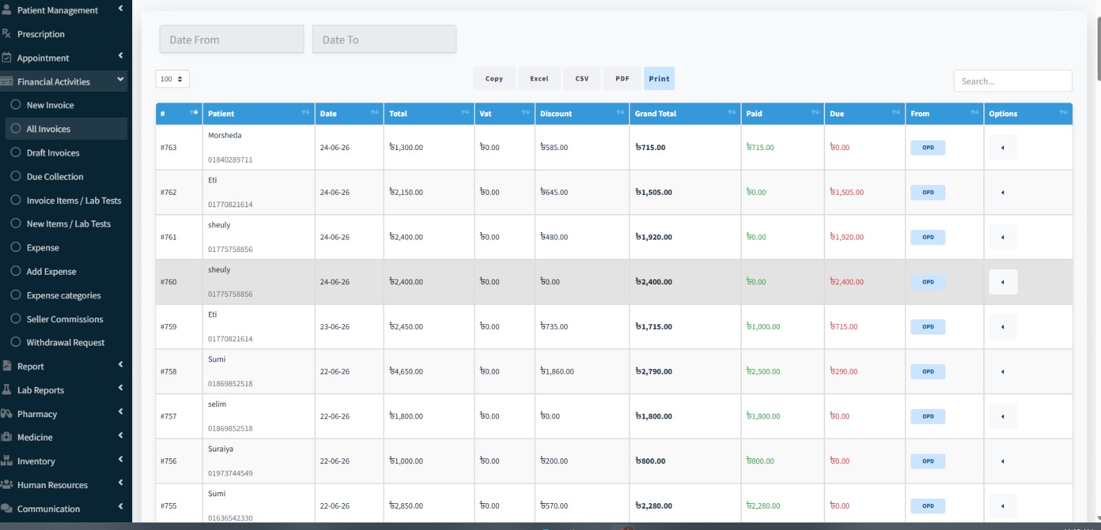 Financial Activities — OPD Invoice list with Total, Discount, Grand Total, Paid and Due amounts