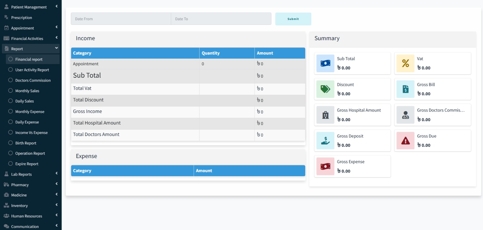 Financial Reports — Income vs Expense report with gross income, hospital amount, doctors commission summary